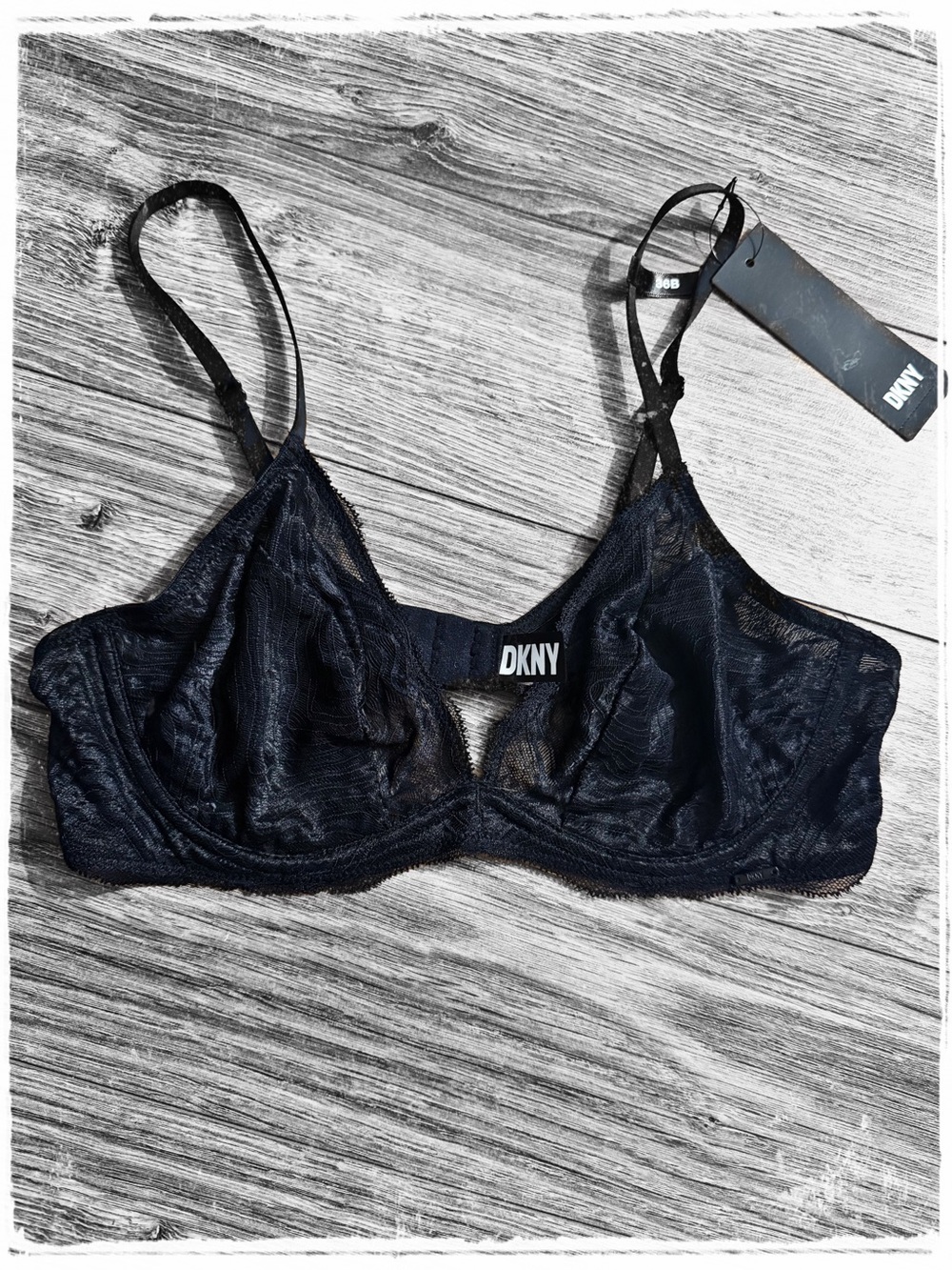 DKNY Black Sheer Lace Bralette with Logo Tab